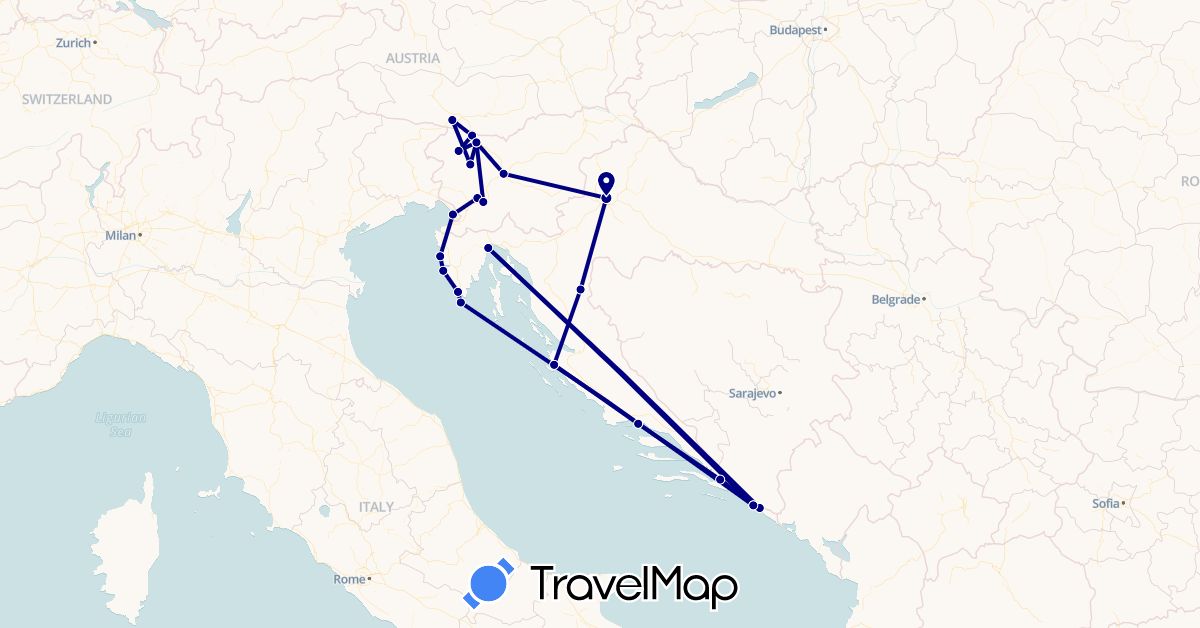 TravelMap itinerary: driving in Austria, Bosnia and Herzegovina, Croatia, Italy, Slovenia (Europe)